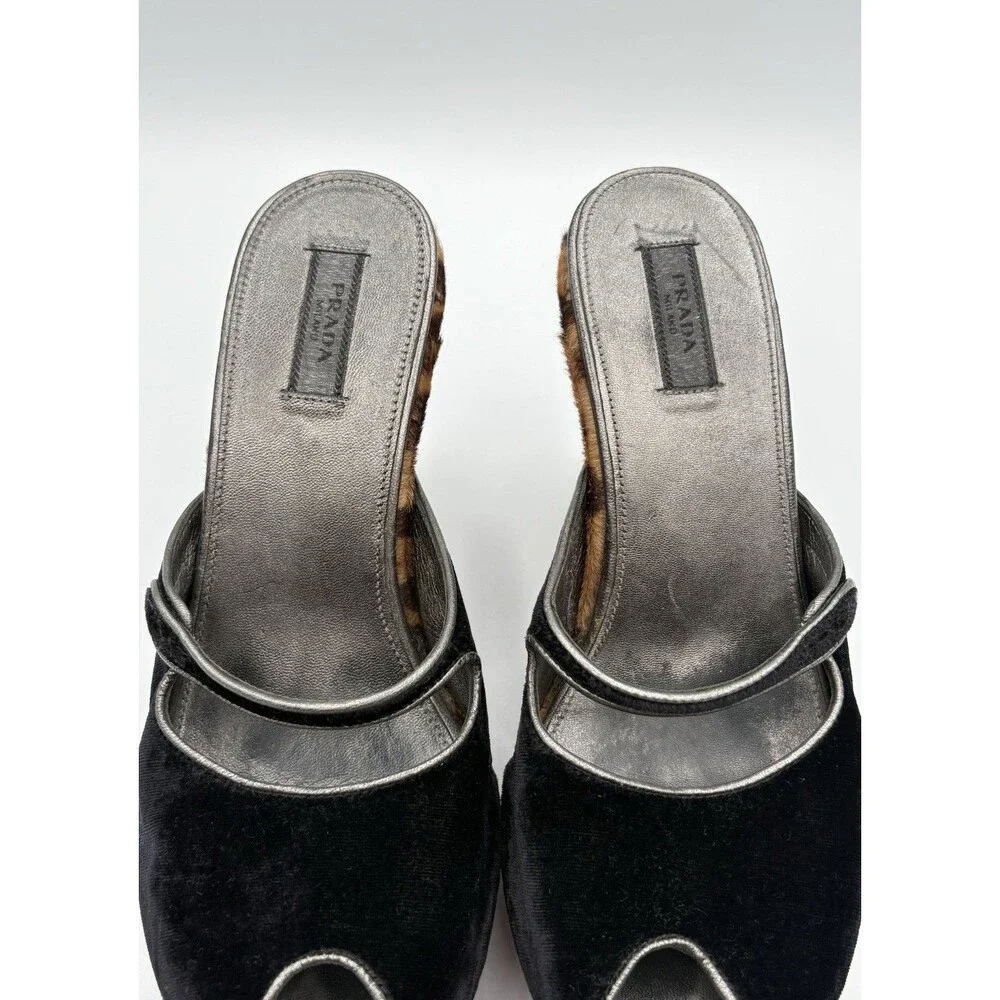 Prada Leopard Print Calf Hair Wedges Black Cut-Out & Stud Details Y2K Sz EU 36.5
